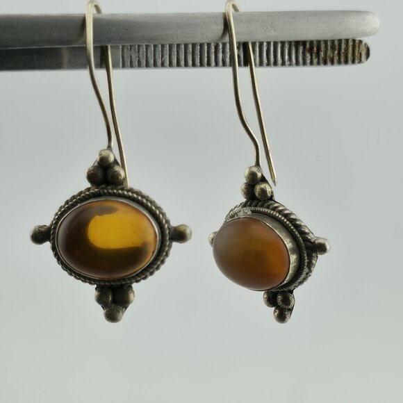 Vintage Sterling Silver 925 Earrings Yellow Stone - Picture 4 of 10